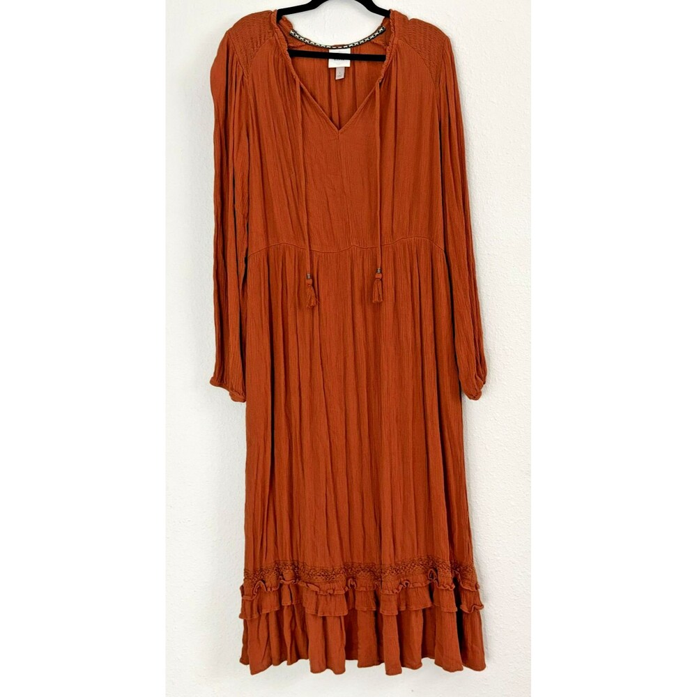 Womens Large Dress Rust Red Maxi Tiered Cottage Prairie Fringe Ruffled Boho